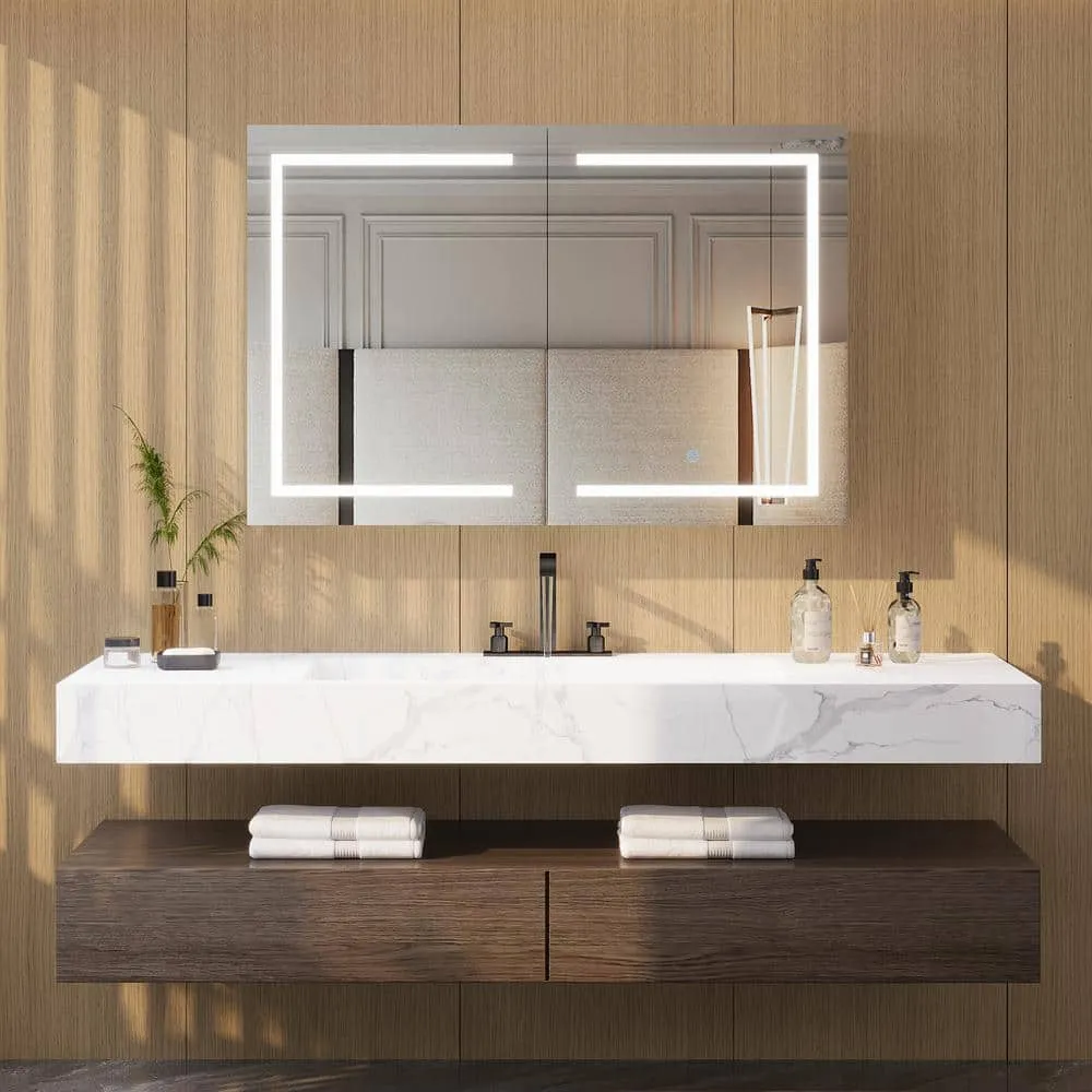 DEERVALLEY 48 in. W x 32 in. H Rectangular Silver Aluminum Surface LED Light Medicine Cabinet with Mirror, Anti-Fog, Double Doors, photo 2 of 15