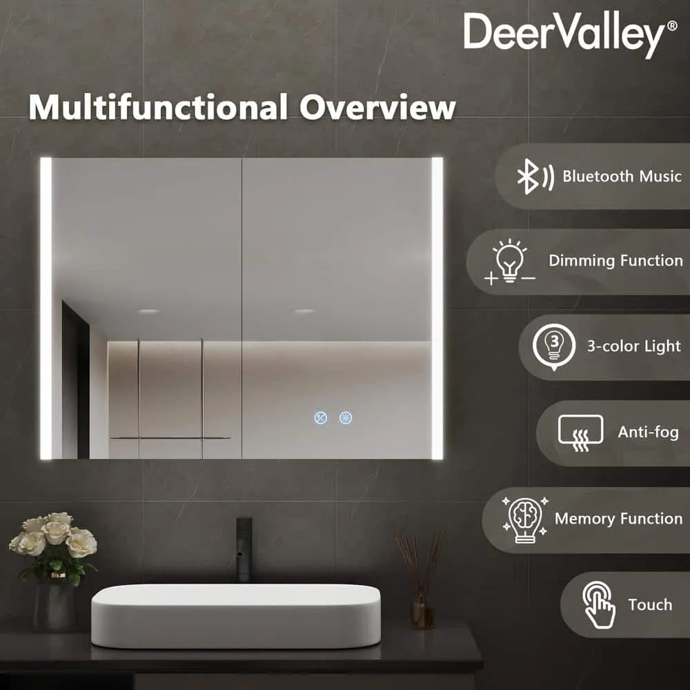 DEERVALLEY 32 in. W x 24 in. H Rectangular Wall Mounted LED Light Medicine Cabinet with Mirror, Anti-Fog, Double Doors, photo 3 of 15