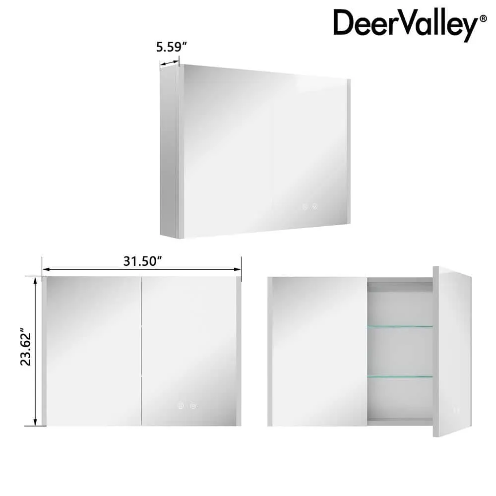 DEERVALLEY 32 in. W x 24 in. H Rectangular Wall Mounted LED Light Medicine Cabinet with Mirror, Anti-Fog, Double Doors, photo 7 of 15