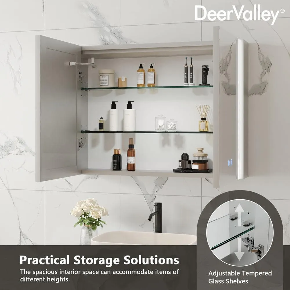 DEERVALLEY 32 in. W x 24 in. H Rectangular Wall Mounted LED Light Medicine Cabinet with Mirror, Anti-Fog, Double Doors, photo 8 of 15