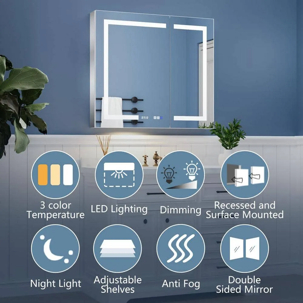ExBrite 36 in. W x 32 in. H Rectangular Silver Aluminum Recessed/Surface Mount Medicine Cabinet with Mirror, LED and Clock, photo 5 of 10