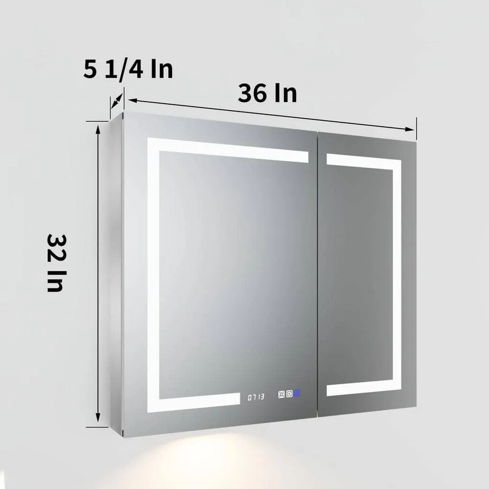 ExBrite 36 in. W x 32 in. H Rectangular Silver Aluminum Recessed/Surface Mount Medicine Cabinet with Mirror, LED and Clock, photo 3 of 10