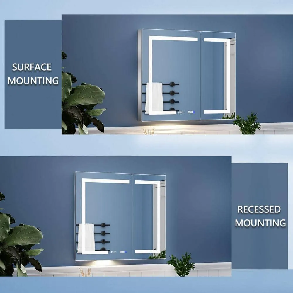 ExBrite 36 in. W x 32 in. H Rectangular Silver Aluminum Recessed/Surface Mount Medicine Cabinet with Mirror, LED and Clock, photo 6 of 10