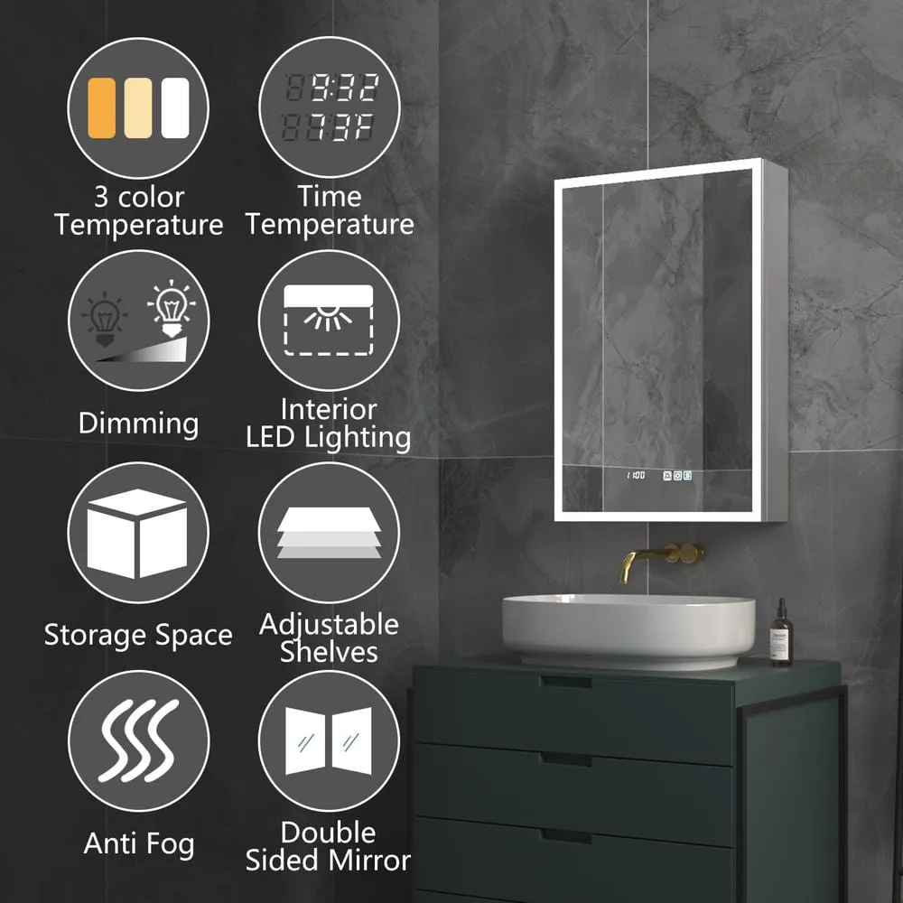 ExBrite 20 in. W x 30 in. H Rectangular Silver Aluminum Recessed/Surface Mount Right Medicine Cabinet with Mirror, LED and Clock, photo 3 of 14