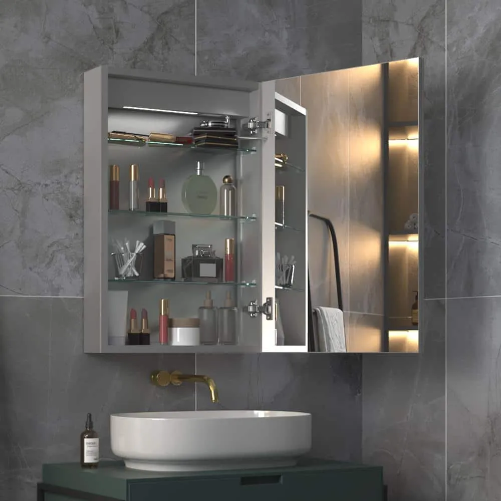 ExBrite 20 in. W x 30 in. H Rectangular Silver Aluminum Recessed/Surface Mount Right Medicine Cabinet with Mirror, LED and Clock, photo 7 of 14
