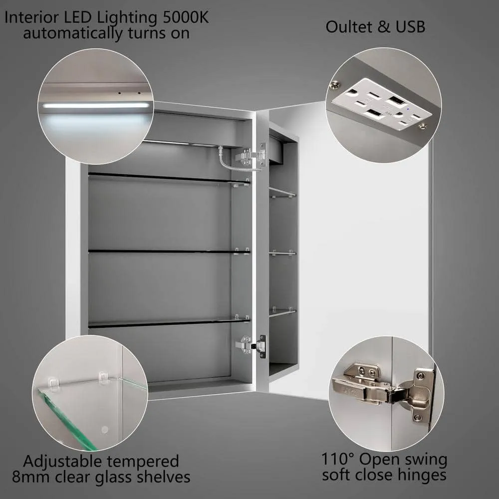 ExBrite 20 in. W x 30 in. H Rectangular Silver Aluminum Recessed/Surface Mount Right Medicine Cabinet with Mirror, LED and Clock, photo 4 of 14