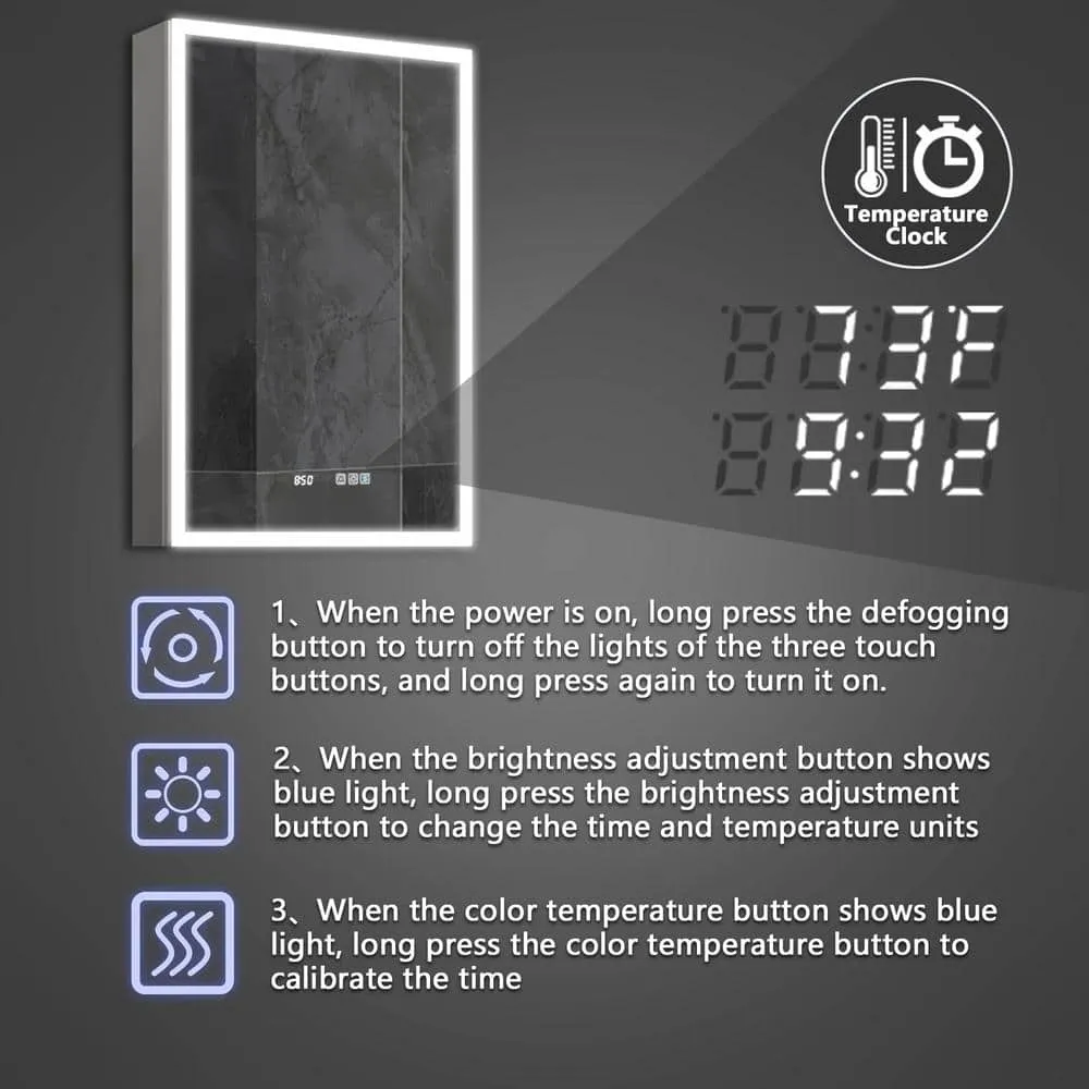 ExBrite 20 in. W x 30 in. H Rectangular Silver Aluminum Recessed/Surface Mount Right Medicine Cabinet with Mirror, LED and Clock, photo 8 of 14