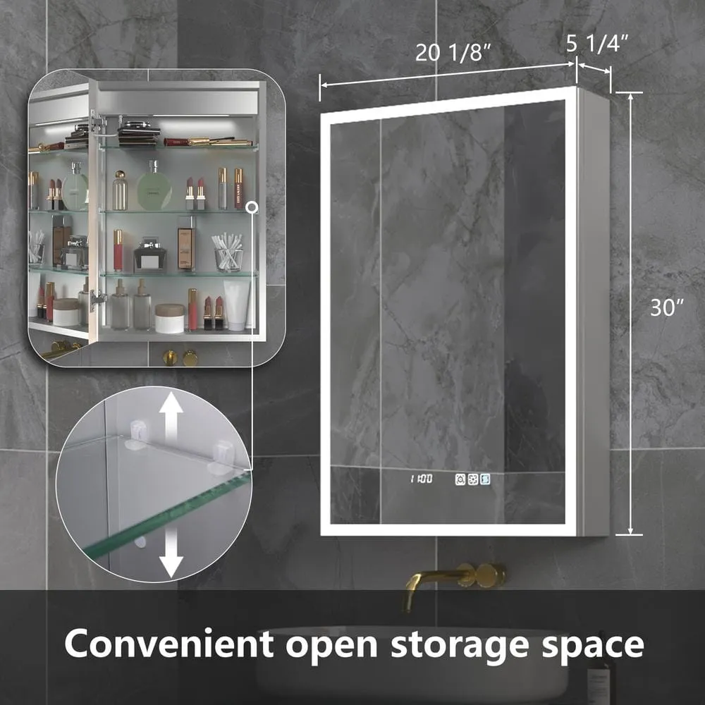 ExBrite 20 in. W x 30 in. H Rectangular Silver Aluminum Recessed/Surface Mount Right Medicine Cabinet with Mirror, LED and Clock, photo 2 of 14