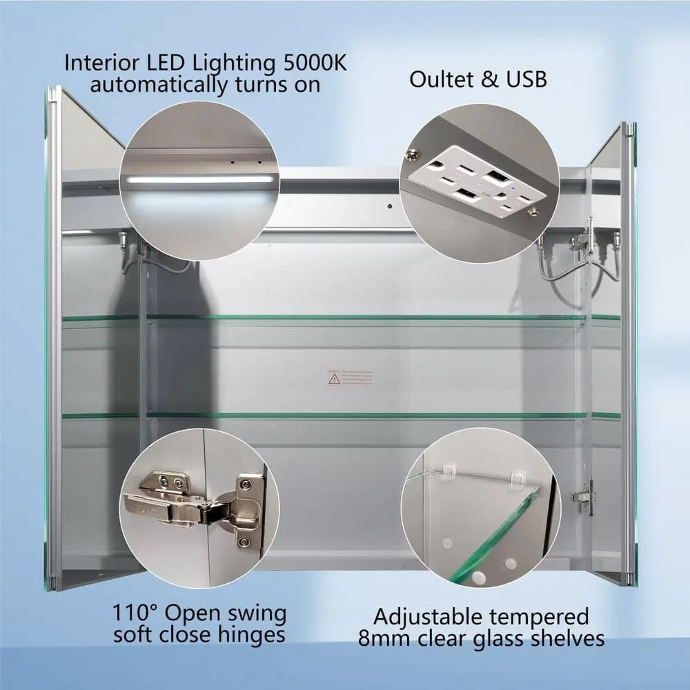 ExBrite 30 in. W x 26 in. H Medium Rectangular Silver Aluminum Recessed/Surface Mount Medicine Cabinet with Mirror and LED, photo 10 of 13