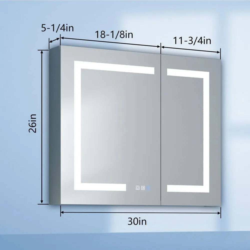ExBrite 30 in. W x 26 in. H Medium Rectangular Silver Aluminum Recessed/Surface Mount Medicine Cabinet with Mirror and LED, photo 3 of 13