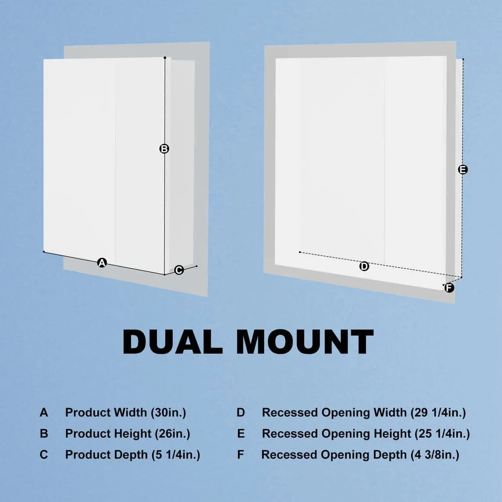 ExBrite 30 in. W x 26 in. H Medium Rectangular Silver Aluminum Recessed/Surface Mount Medicine Cabinet with Mirror and LED, photo 7 of 13