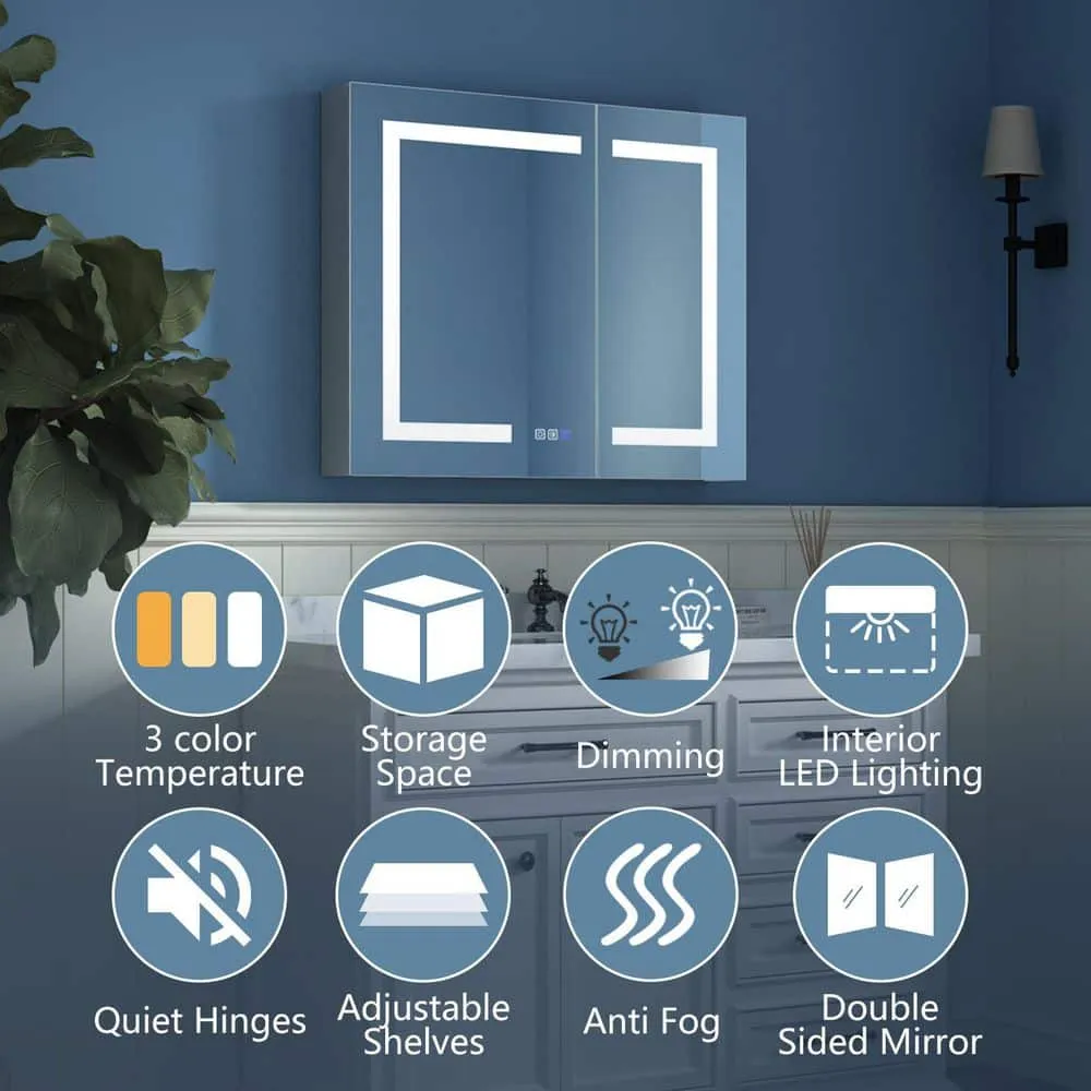 ExBrite 30 in. W x 26 in. H Medium Rectangular Silver Aluminum Recessed/Surface Mount Medicine Cabinet with Mirror and LED, photo 2 of 13