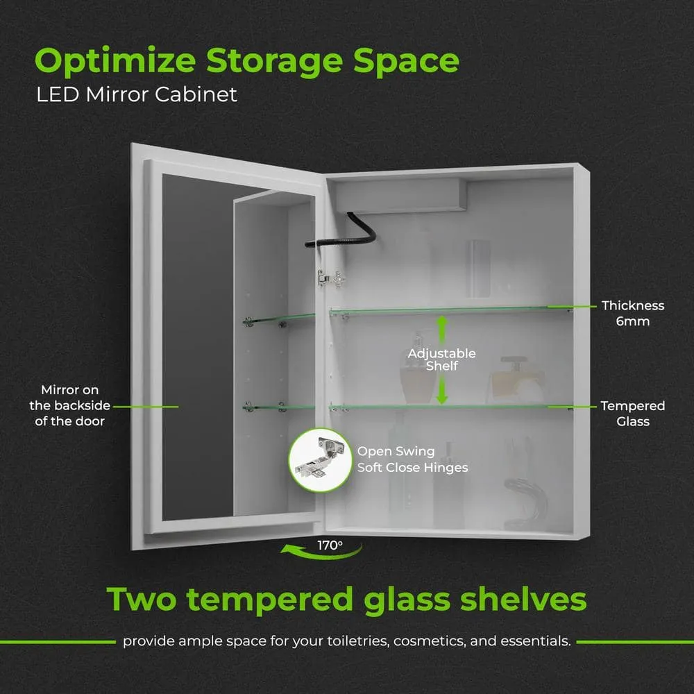 Fab Glass and Mirror 20 in. W x 28 in. H Rectangular Aluminum Medicine Cabinet with Mirror, 2 Glass Shelves, Recessed/Surface, photo 10 of 14