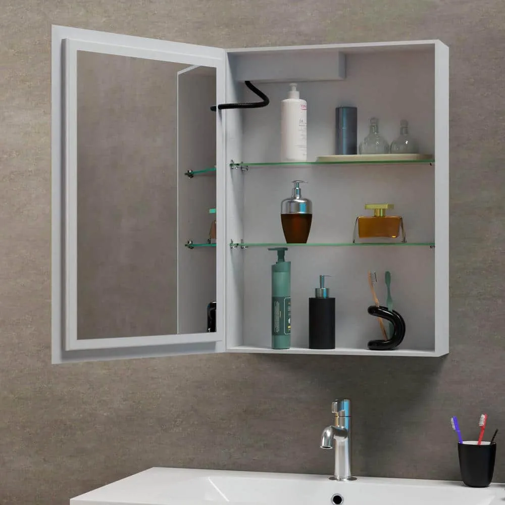 Fab Glass and Mirror 20 in. W x 28 in. H Rectangular Aluminum Medicine Cabinet with Mirror, 2 Glass Shelves, Recessed/Surface, photo 6 of 14