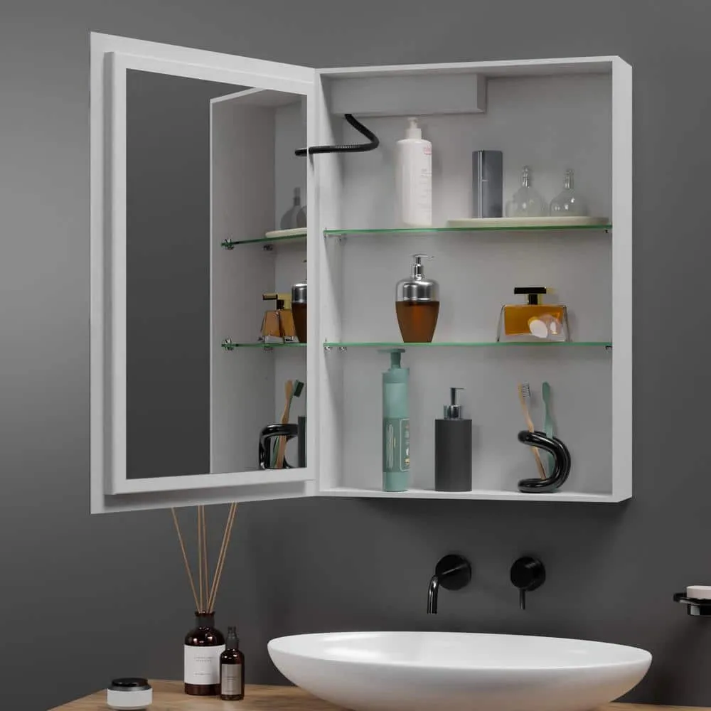 Fab Glass and Mirror 20 in. W x 28 in. H Rectangular Aluminum Medicine Cabinet with Mirror, 2 Glass Shelves, Recessed/Surface, photo 7 of 14