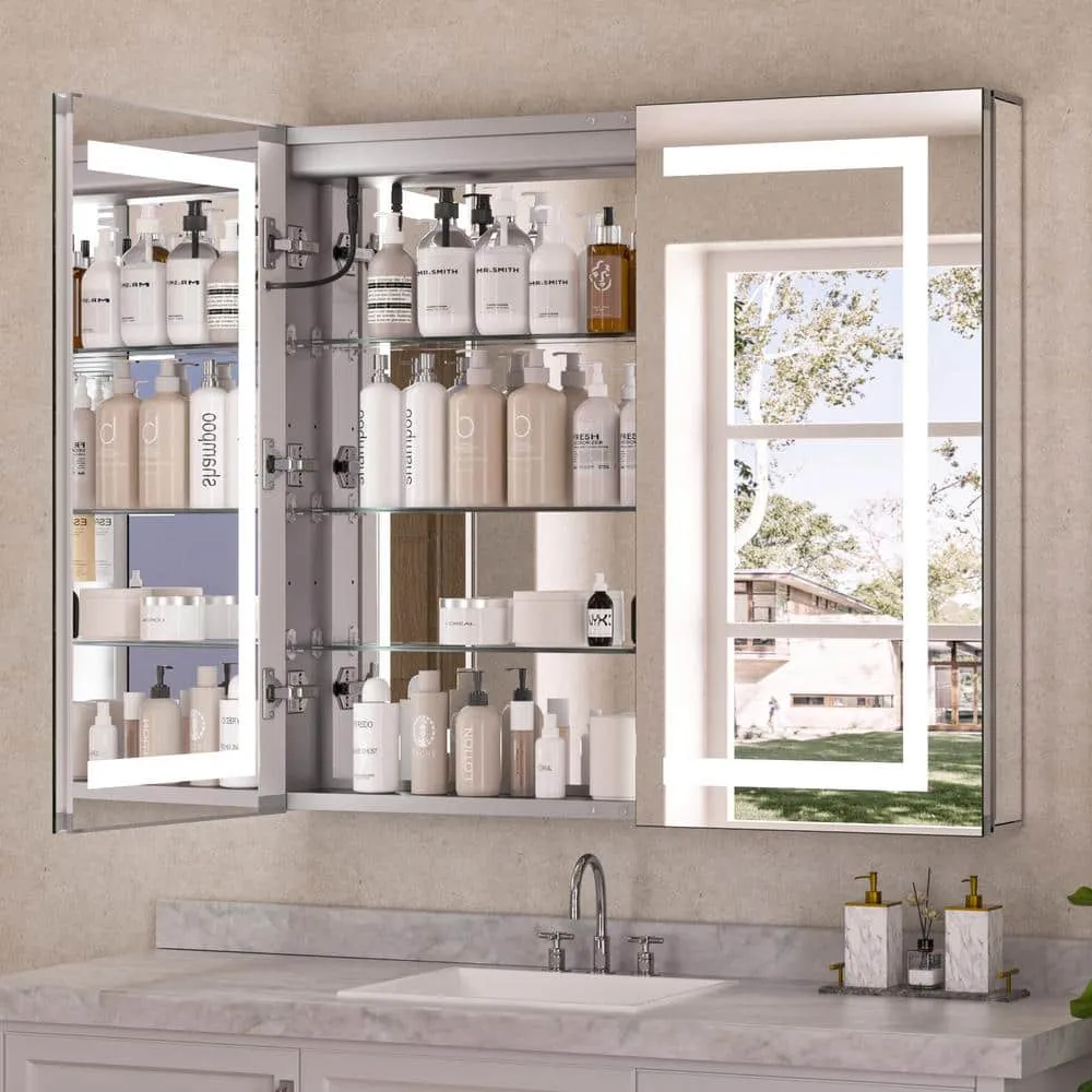 KeonJinn 36 in. W x 30 in. H Rectangular LED Lighted Anti-Fog Tempered Glass Aluminum Medicine Cabinet with Mirror in Silver, photo 2 of 8