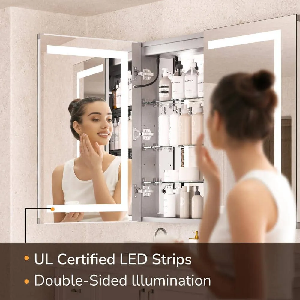 KeonJinn 36 in. W x 30 in. H Rectangular LED Lighted Anti-Fog Tempered Glass Aluminum Medicine Cabinet with Mirror in Silver, photo 3 of 8