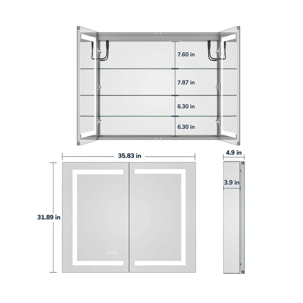 KeonJinn 36 in. W x 30 in. H Rectangular LED Lighted Anti-Fog Tempered Glass Aluminum Medicine Cabinet with Mirror in Silver, photo 7 of 8