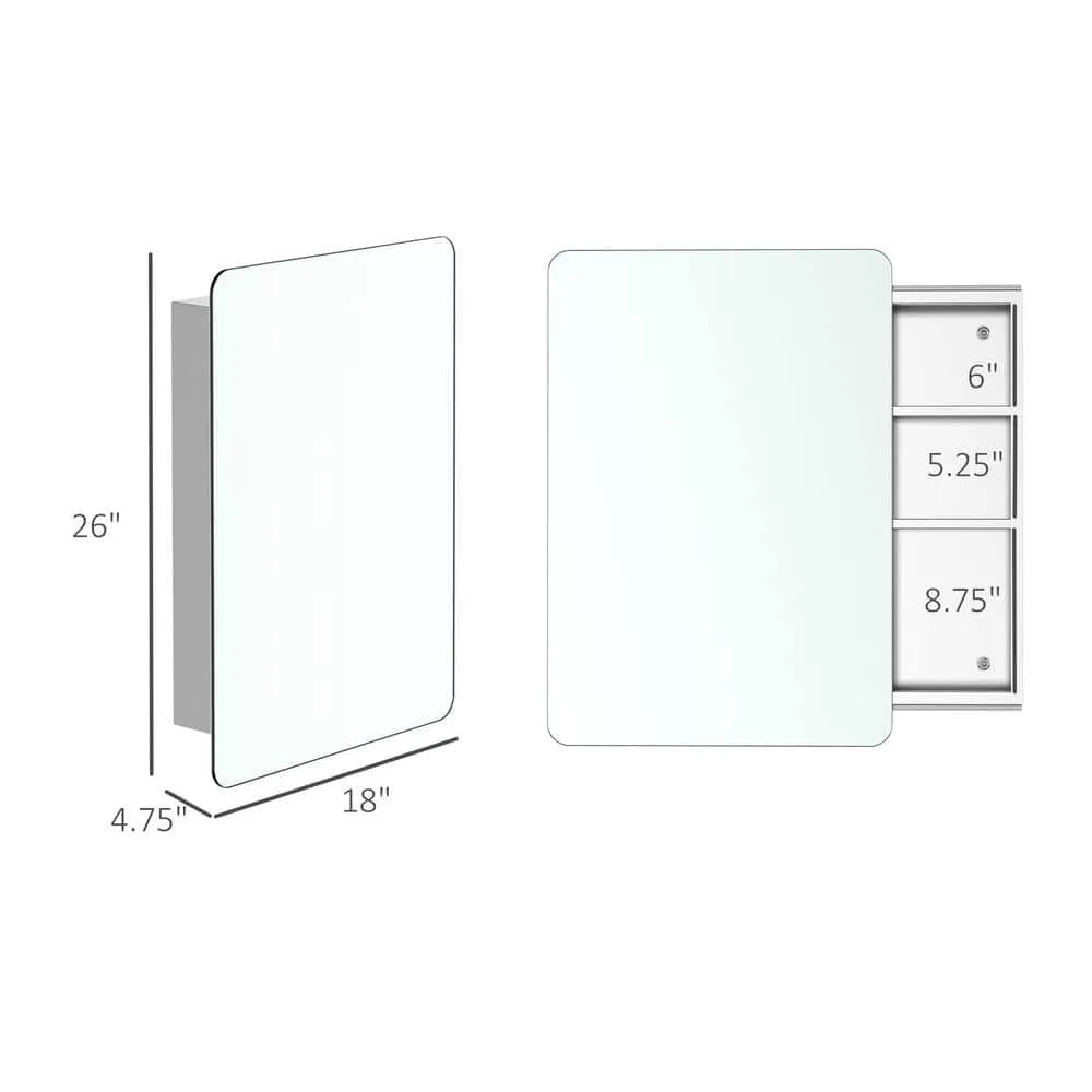 kleankin 18 in. W x 26 in. H Bathroom Silver Recessed/Surface Mount Medicine Cabinet with Mirror, Storage Shelf, Stainless Steel, photo 3 of 7