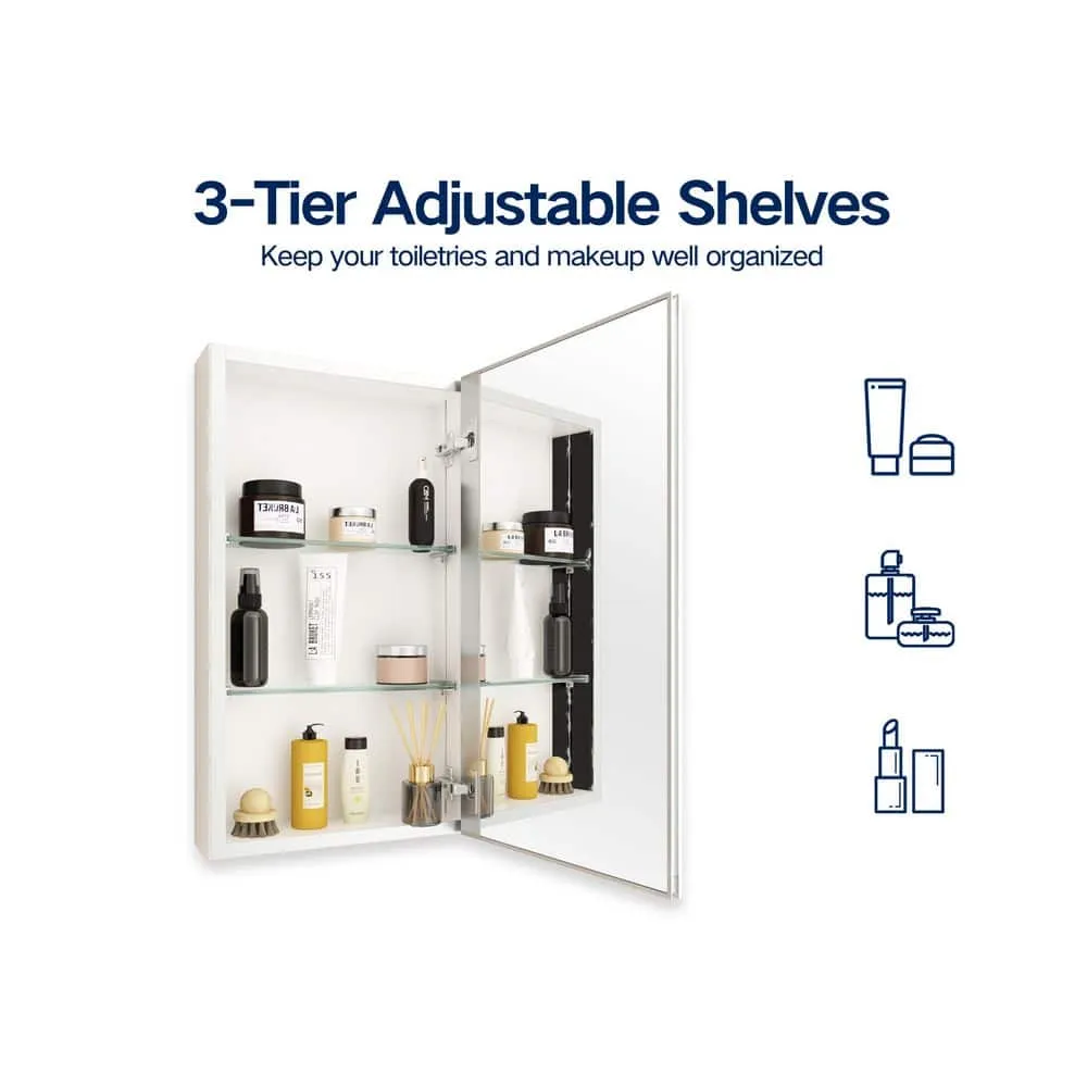 15 in. W x 26 in. H Silver Recessed/Surface Mount Medicine Cabinet with Mirror Bathroom Large Storage Left Swing, photo 3 of 12