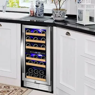 15" Dual Zone 30-Bottle Cellar Cooling Unit Built- in Freestanding Compressor Wine Cooler with 2 handles-Stainless Steel