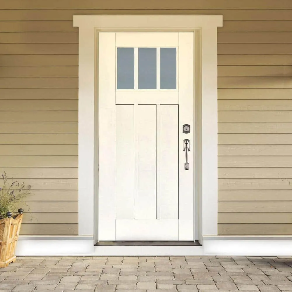 MP Doors 36 in. x 80 in. Smooth White Left-Hand Inswing 3-Lite Frosted Craftsman Finished Fiberglass Prehung Front Door, photo 2 of 2