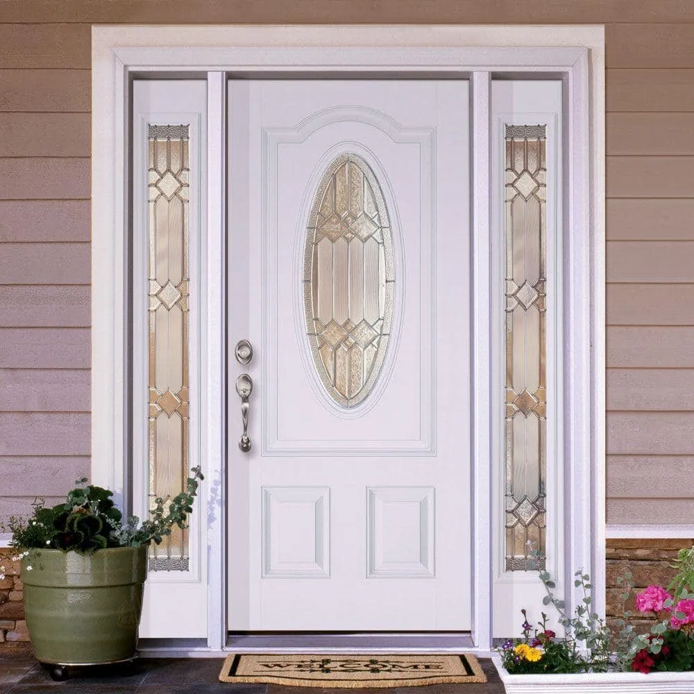 Feather River Doors 67.5in.x81.625in. Mission Pointe Zinc 3/4 Oval Lt Unfinished Smooth Right-Hd Fiberglass Prehung Front Door w/Sidelights, photo 2 of 2