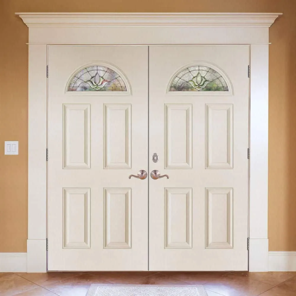 Feather River Doors 74 in. x 81.625 in. Medina Zinc Fan Lite Unfinished Smooth Right-Hand Inswing Fiberglass Double Prehung Front Door, photo 2 of 2