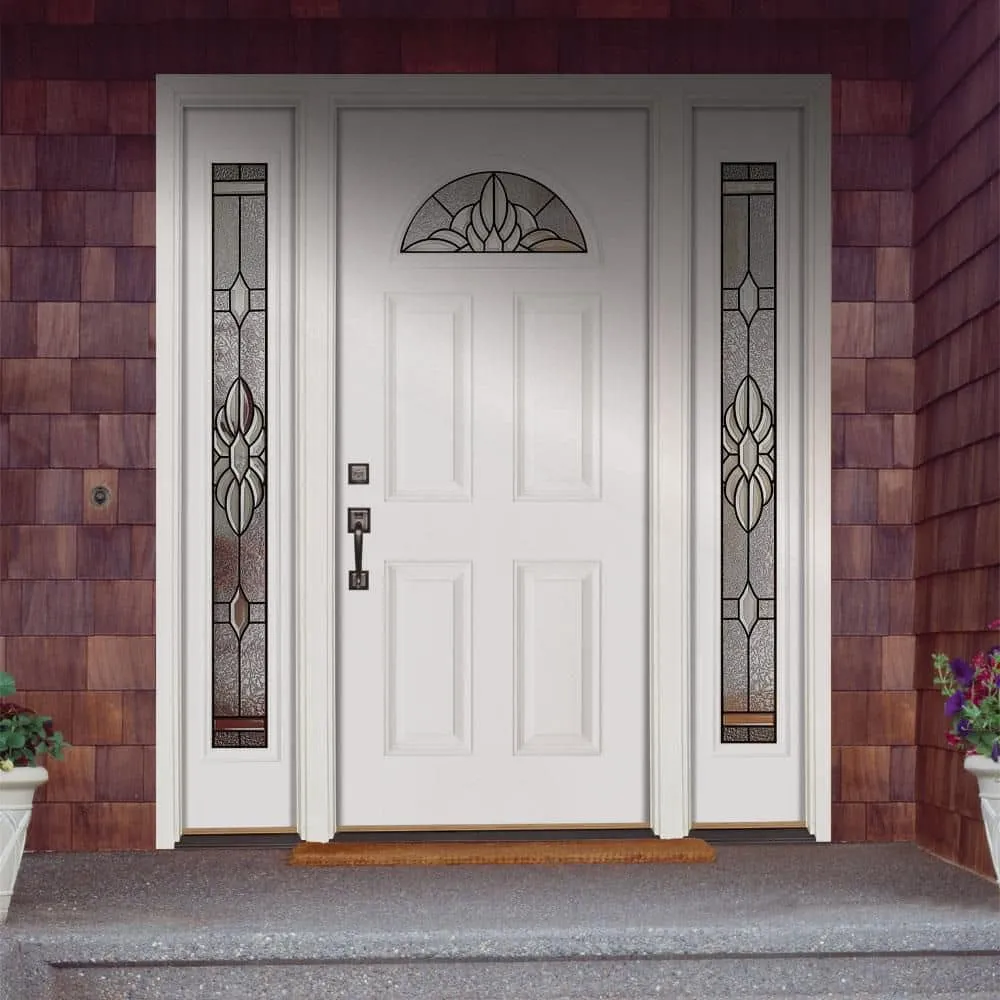Feather River Doors 67.5 in. x 81.625 in. Sapphire Patina Fan Lite Unfinished Smooth Left-Hand Fiberglass Prehung Front Door with Sidelites, photo 2 of 2