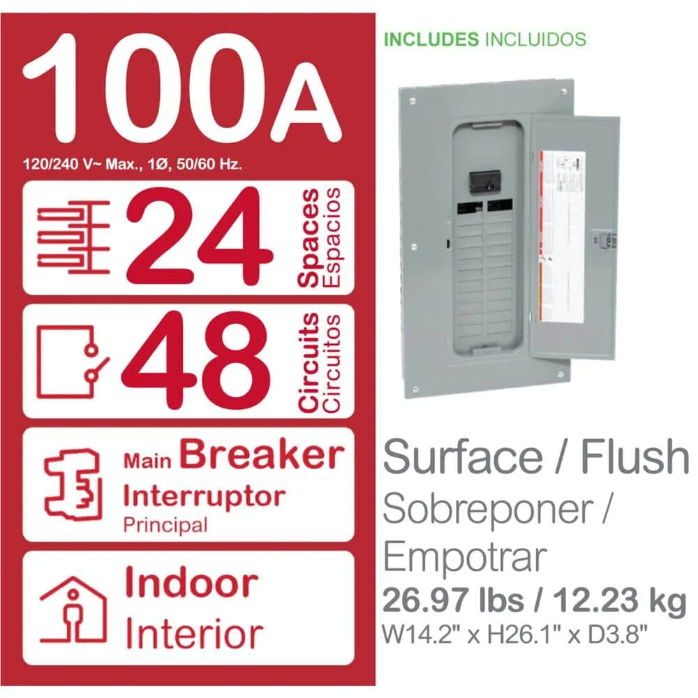 Square D Homeline 100-Amp 24-Space 48-Circuit Indoor Main Breaker Plug-On Neutral Load Center, photo 2 of 11