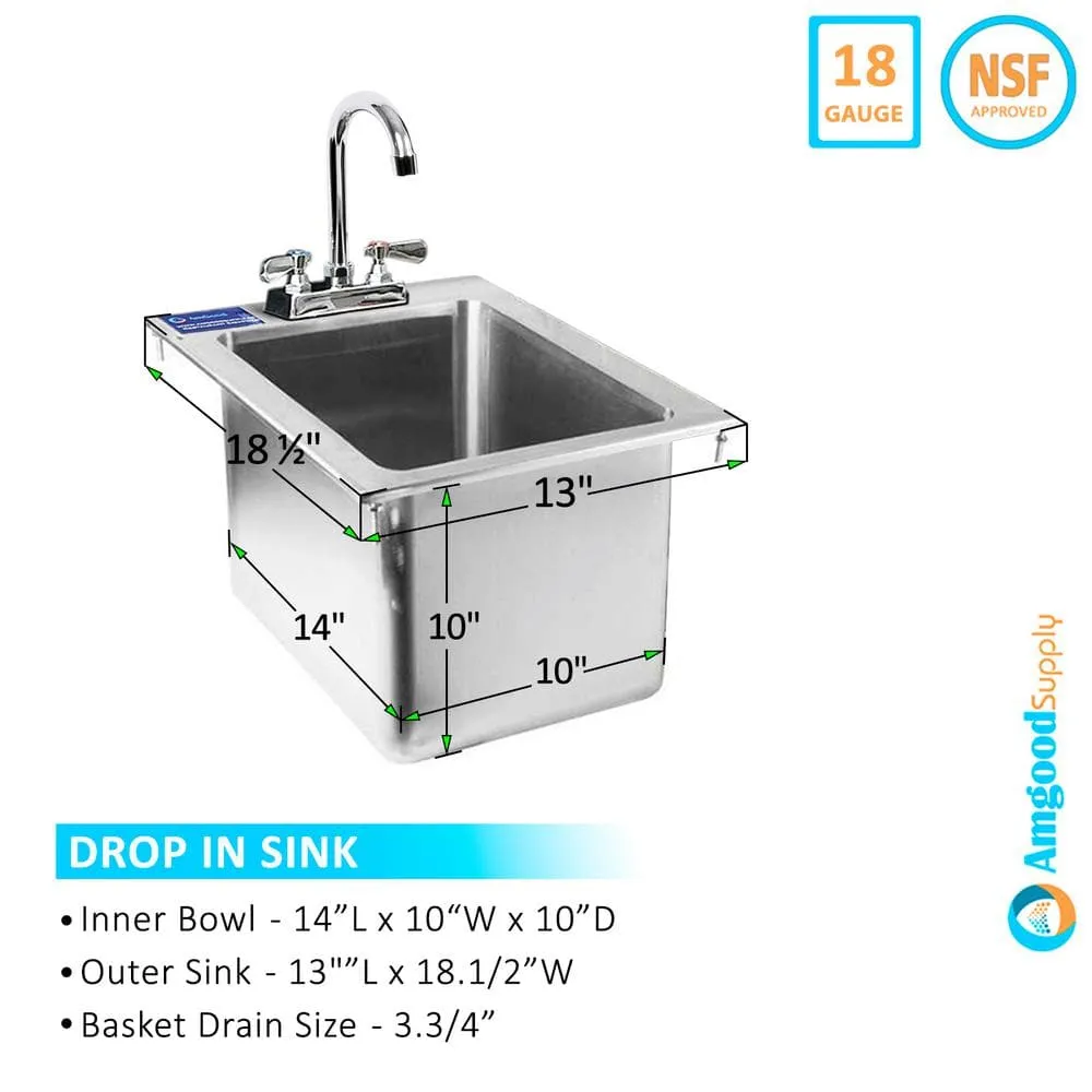 AMGOOD 18.5" x 13" Stainless Steel Drop-in Sink with Faucet - NSF Certified, photo 2 of 4