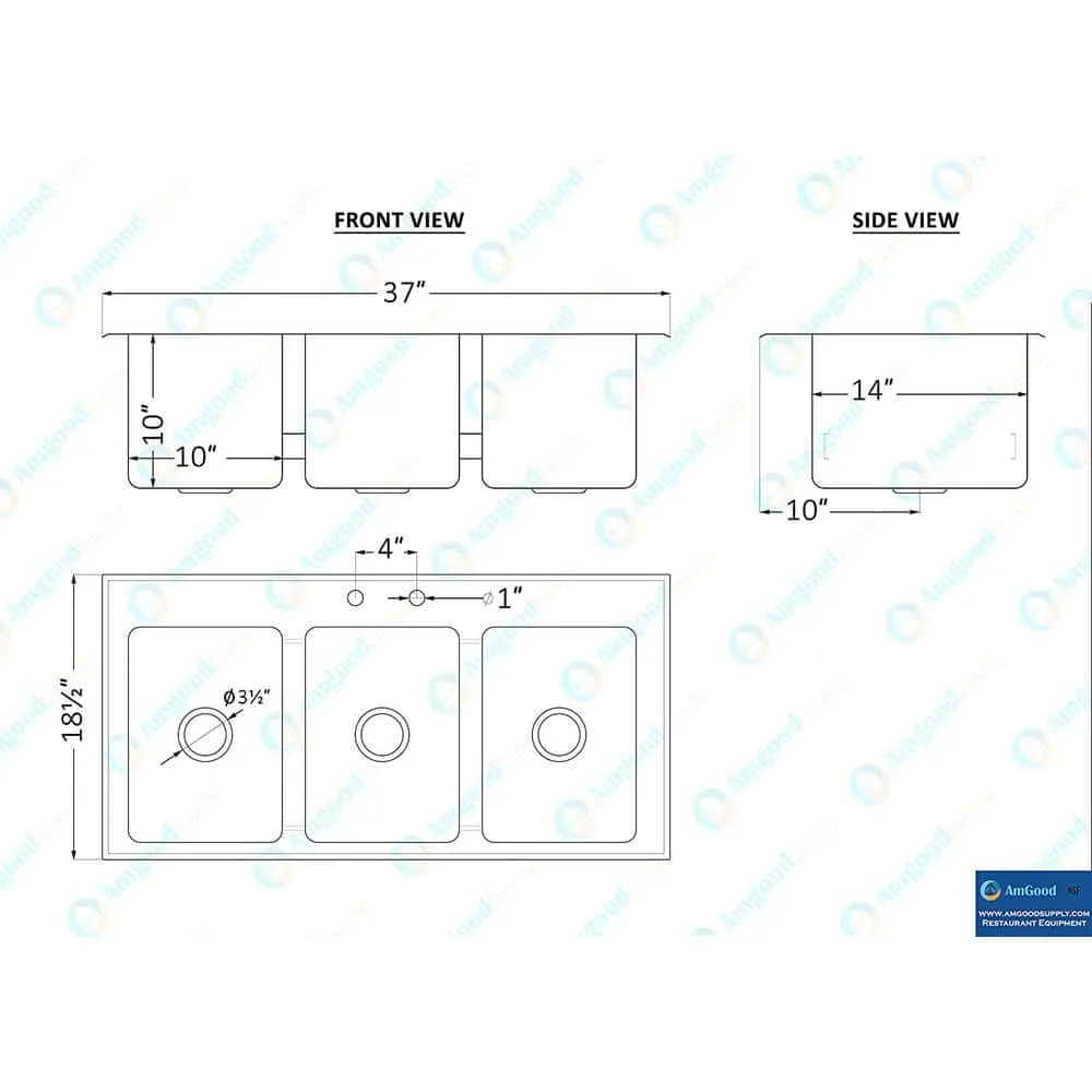 AMGOOD 37 in. x 18.5 in. Drop In Stainless Steel 3-Compartment Kitchen Sink. NSF. No Faucet., photo 5 of 5