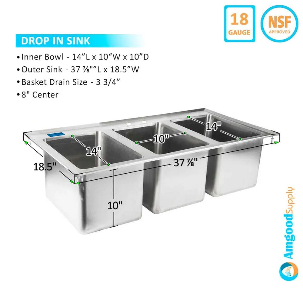 AMGOOD 37 in. x 18.5 in. Drop In Stainless Steel 3-Compartment Kitchen Sink. NSF. No Faucet., photo 3 of 5