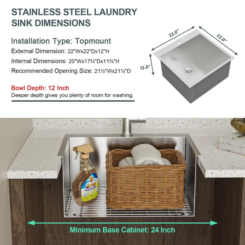 LORDEAR 22 in. Drop-In Laundry Utility Sink Stainless Steel 16 Gauge with Strain Basket, photo 5 of 9