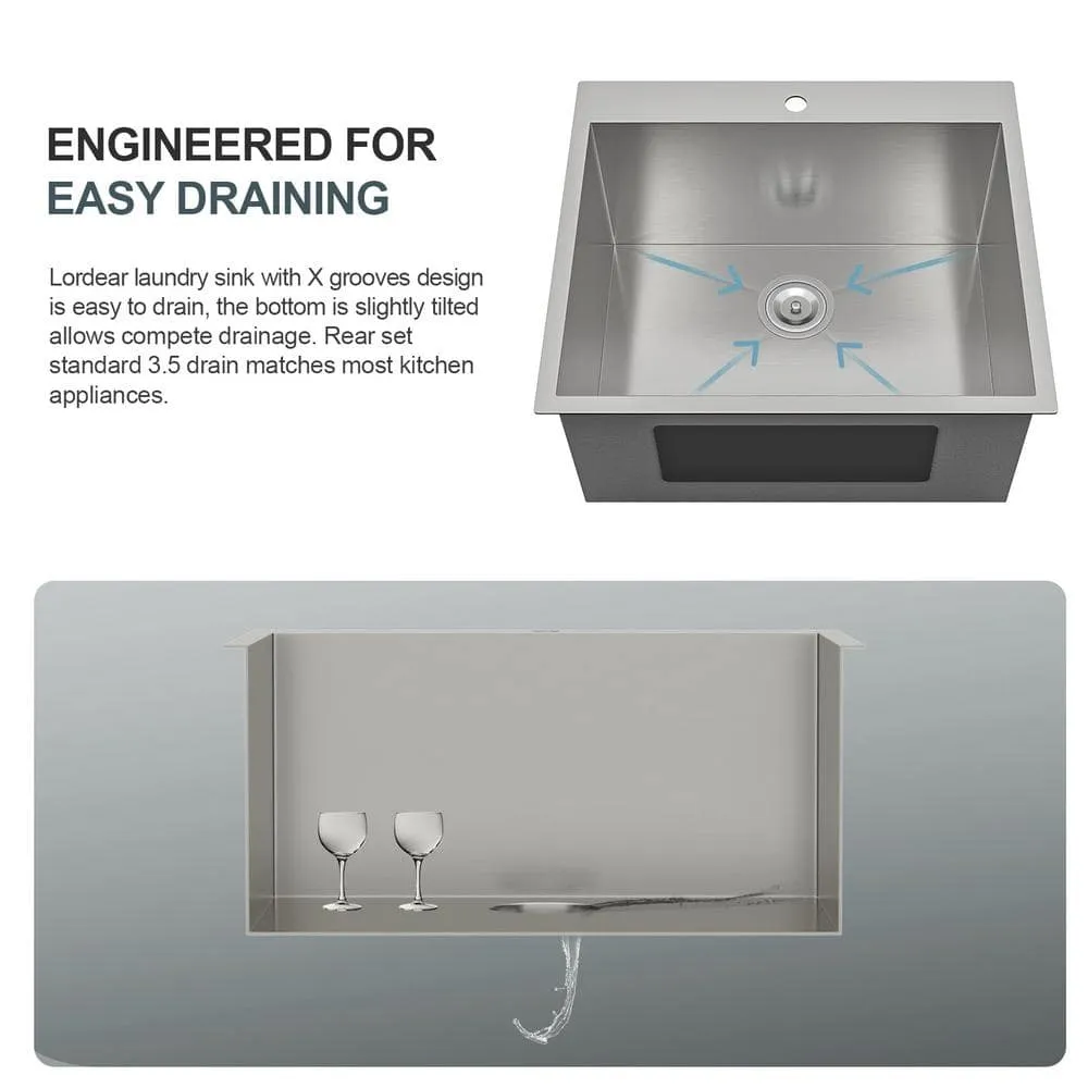LORDEAR 22 in. Drop-In Laundry Utility Sink Stainless Steel 16 Gauge with Strain Basket, photo 6 of 9
