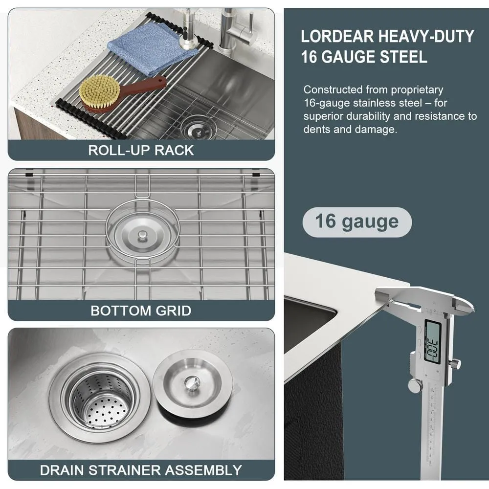 LORDEAR 22 in. Drop-In Laundry Utility Sink Stainless Steel 16 Gauge with Strain Basket, photo 4 of 9