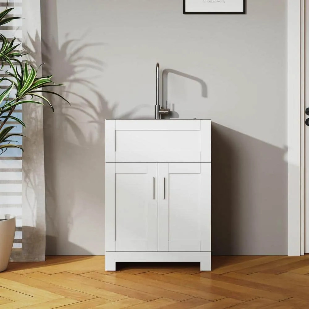 Tileon Stainless Steel Drop-In Laundry Sink with Cabinet and Faucet Combo in White, photo 8 of 10