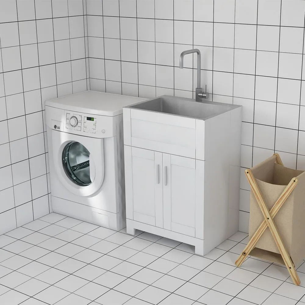 Tileon Stainless Steel Drop-In Laundry Sink with Cabinet and Faucet Combo in White, photo 4 of 10