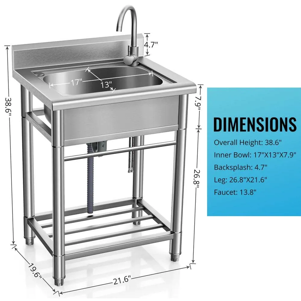 UKISHIRO 19.6 in. D x 21.6 in. W 7.6 gal Stainless Steel Laundry Utility Sink with Faucet, photo 5 of 9