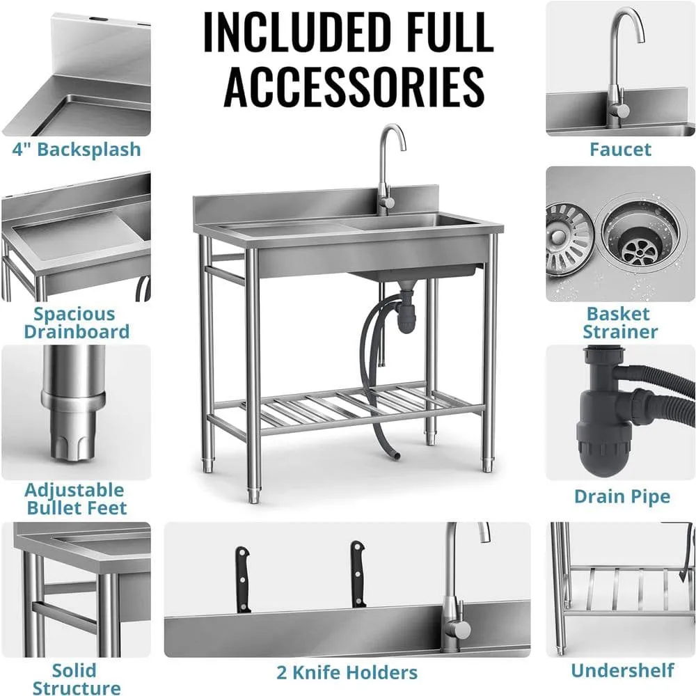UKISHIRO 19.6 in. D x 39.3 in. W 7.8 gal. Freestanding Laundry/Utility Sink in Stainless Steel with Faucet, photo 5 of 7