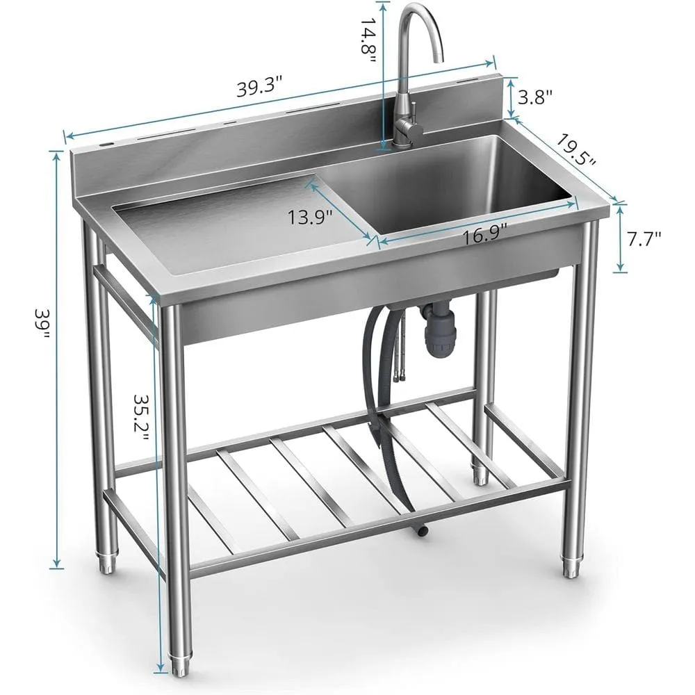 UKISHIRO 19.6 in. D x 39.3 in. W 7.8 gal. Freestanding Laundry/Utility Sink in Stainless Steel with Faucet, photo 4 of 7