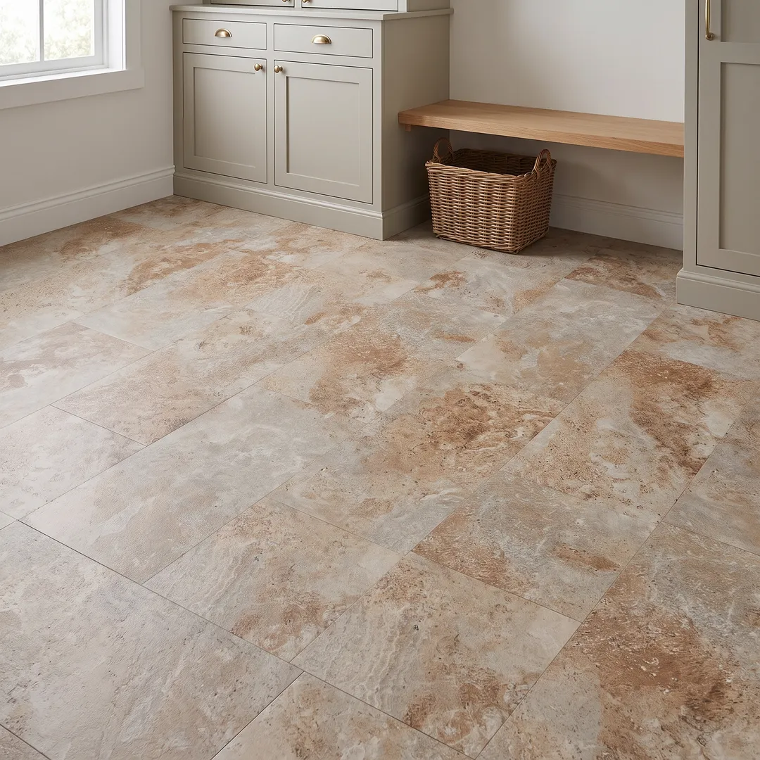 Alexandria Stone 12-mil x 12-in W x 24-in L Waterproof Interlocking Luxury Vinyl Tile Flooring (19.88-sq ft/ Carton), in a room, photo 2 of 2