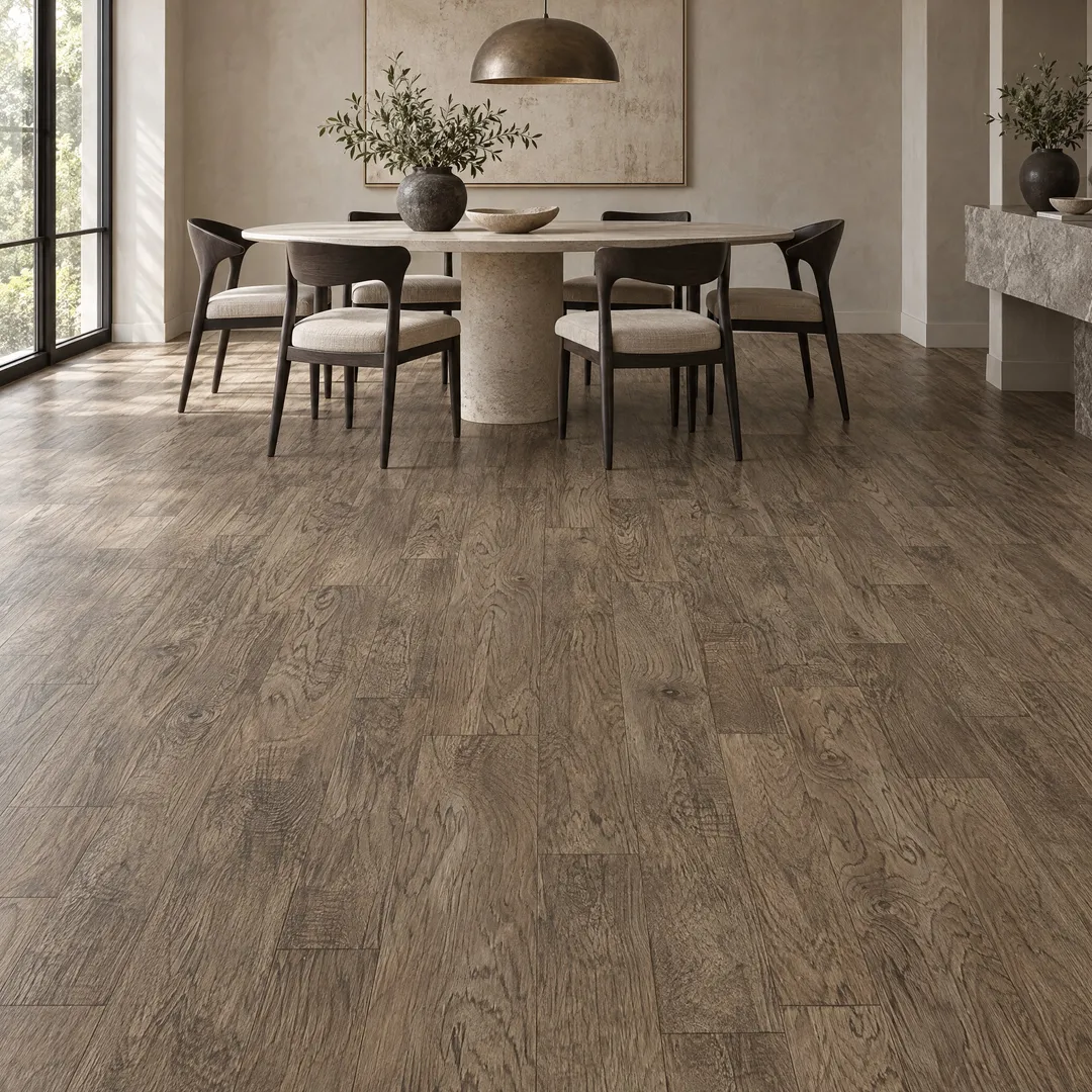 STAINMASTER 12-ft W x Cut-to-Length Montclair Hickory Wood Look Low-Gloss Finish Sheet Vinyl, in a room, photo 2 of 2