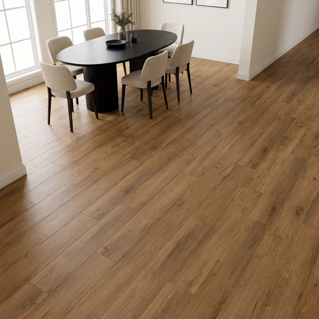Preston Oak 12-mil x 9-in W x 60-in L Waterproof Interlocking Luxury Vinyl Plank Flooring (22.53-sq ft/ Carton), in a room, photo 2 of 2