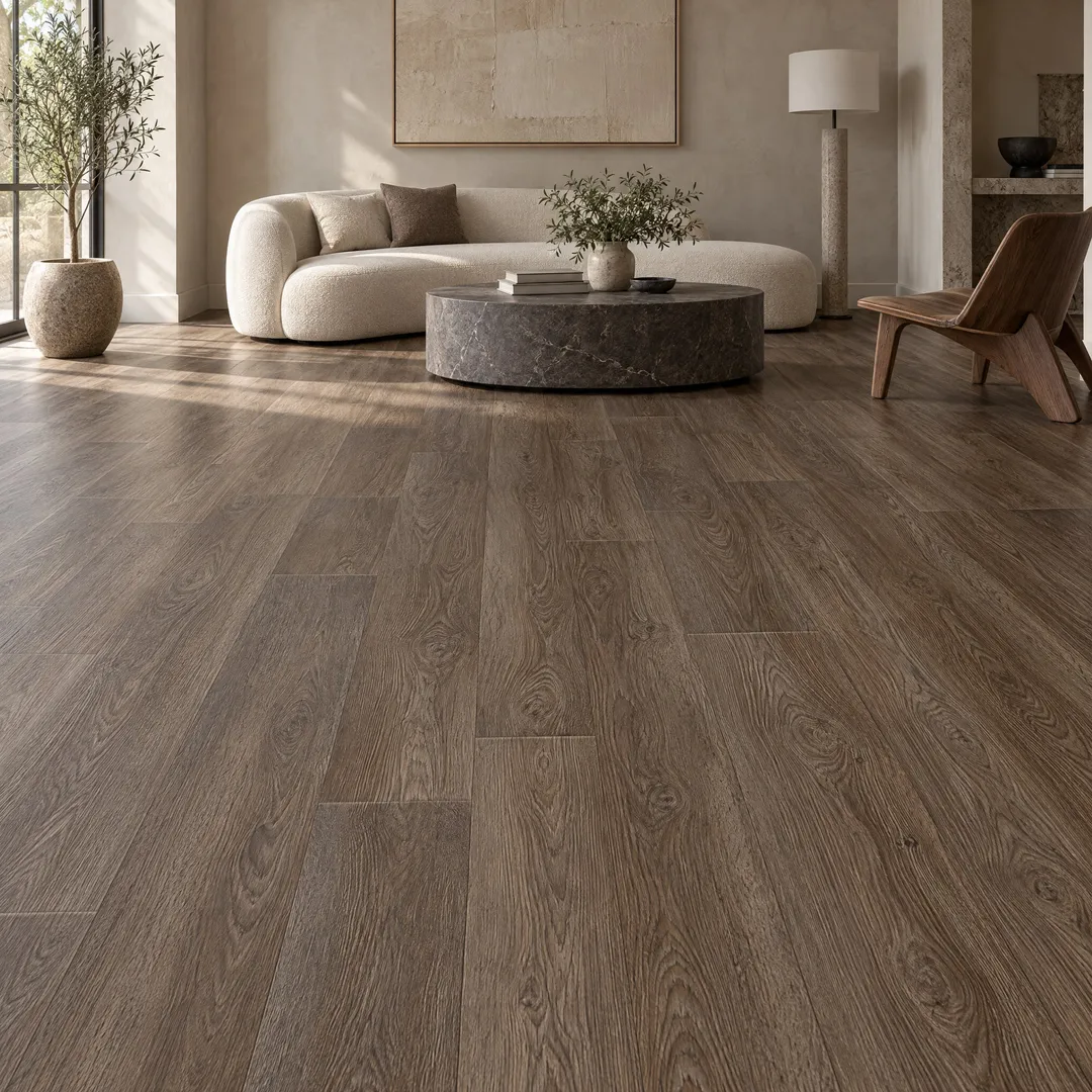 STAINMASTER 12-ft W x Cut-to-Length Thornhill Oak Wood Look Low-Gloss Finish Sheet Vinyl, in a room, photo 2 of 2