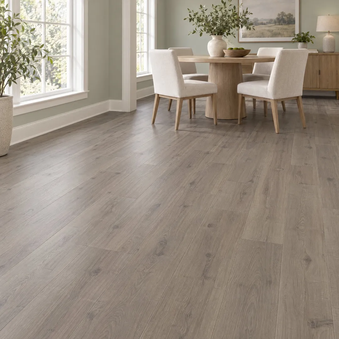 STAINMASTER PetProtect Trelawney Grey Oak 20-mil x 7-in W x 48-in L Waterproof Interlocking Luxury Vinyl Plank Flooring, in a room, photo 2 of 2