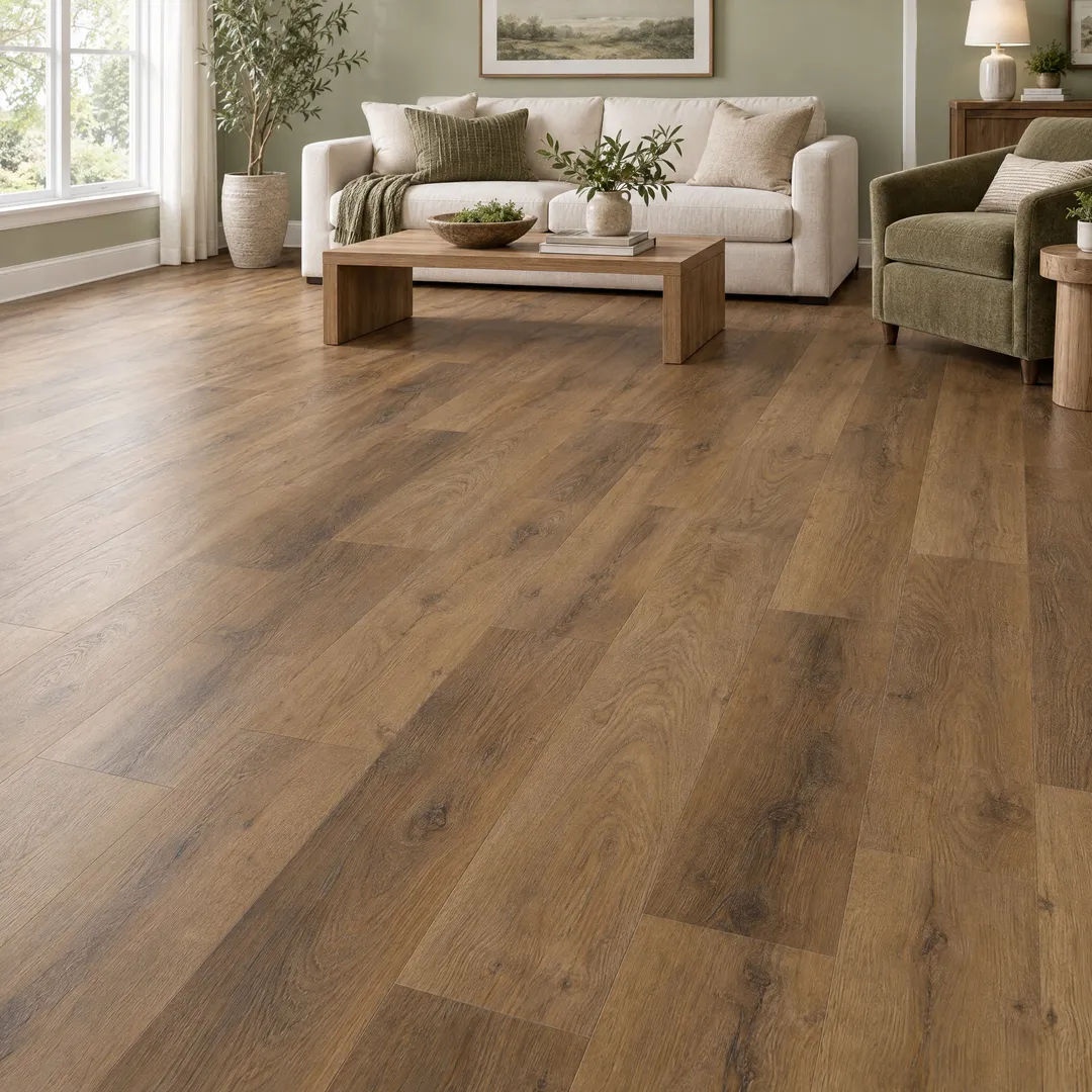 STAINMASTER PetProtect Wendover Brown Oak 7-mm x 7-in W x 48-in L Waterproof Interlocking Luxury Vinyl Plank Flooring (19.22-sq ft/case), in a room, photo 2 of 2