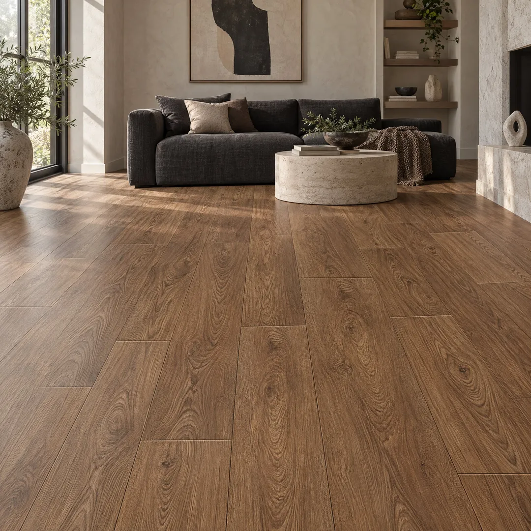 STAINMASTER 12-ft W x Cut-to-Length West Haven Oak Wood Look Low-Gloss Finish Sheet Vinyl, in a room, photo 2 of 2