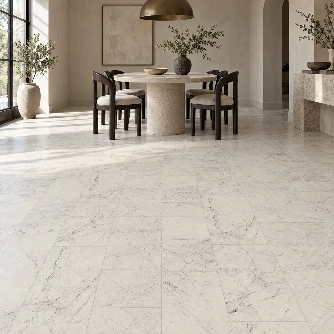 STAINMASTER 12-ft W Cut-to-Length White Marble Look Low-Gloss Sheet Vinyl Flooring, in a room, photo 2 of 2