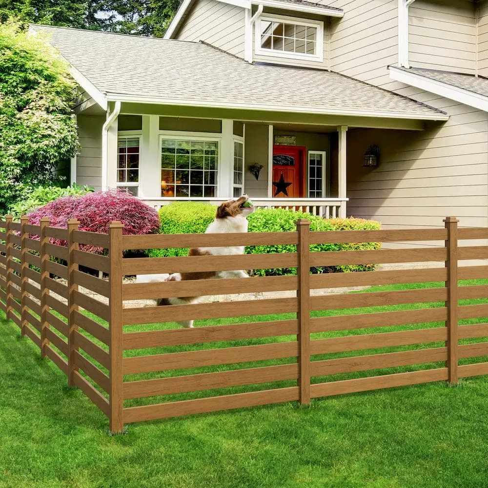 38''W x 46''H Teak Brown Outdoor No Dig Fence Poly Plastic Picket Fence Panel Decorative Garden Privacy Fence(4-Pack), photo 11 of 11